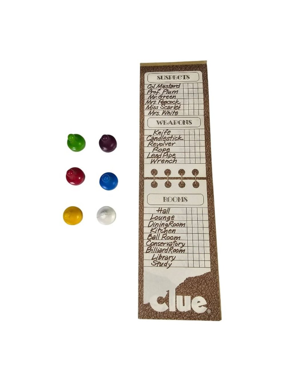 Clue 1986 Complete Set of 6 Replacement Pawns With Partial Score Pad